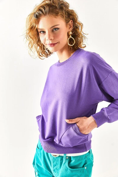 Kadın Mor Cep Detaylı Yumuşak Dokulu Sweatshirt SWT-19000616-Mor - 5