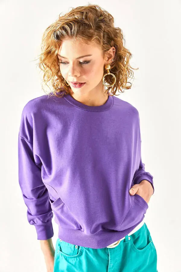 Kadın Mor Cep Detaylı Yumuşak Dokulu Sweatshirt SWT-19000616-Mor - 6