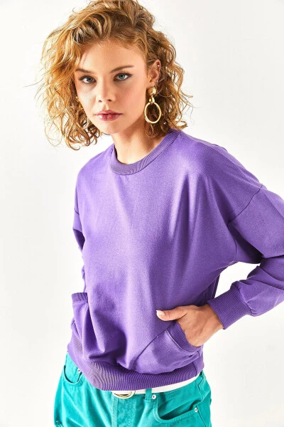 Kadın Mor Cep Detaylı Yumuşak Dokulu Sweatshirt SWT-19000616-Mor - 7