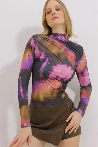 Kadın Mor Dik Yaka Omzu Büzgülü Drapeli Desenli Bluz ALC-X11131-MOR - TREND ALAÇATI STILI (1)