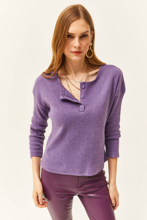 Kadın Mor Düğmeli Şardonlu Salaş Kazak KZK-19000721-Mor - 3