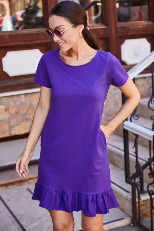 Kadın Mor Kisa Kollu Alti Firfirli Elbise-Mor - 1