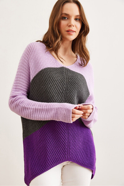 Kadın Mor Lila Renk Bloklu Verevli Triko Kazak KZK-19000920-Mor Lila - 3