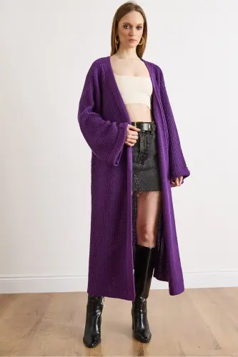 Kadın Mor Manşeti Katlamalı Maxi Triko Hırka HRK-19000297-Mor - 1