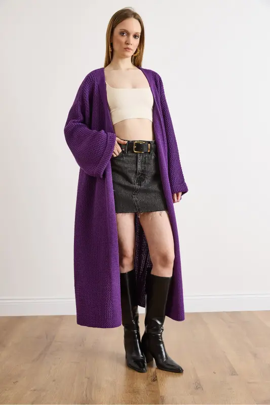 Kadın Mor Manşeti Katlamalı Maxi Triko Hırka HRK-19000297-Mor - 2