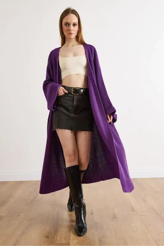 Kadın Mor Manşeti Katlamalı Maxi Triko Hırka HRK-19000297-Mor - 3