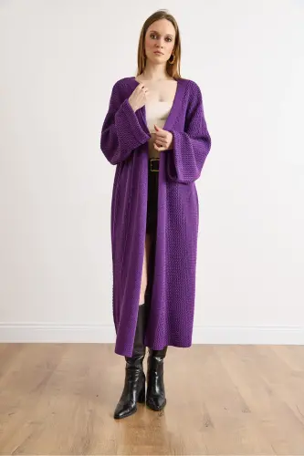 Kadın Mor Manşeti Katlamalı Maxi Triko Hırka HRK-19000297-Mor - 4