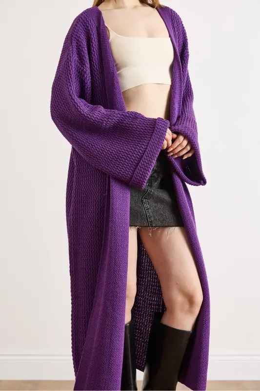 Kadın Mor Manşeti Katlamalı Maxi Triko Hırka HRK-19000297-Mor - 5