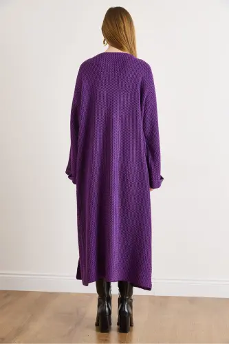 Kadın Mor Manşeti Katlamalı Maxi Triko Hırka HRK-19000297-Mor - 6