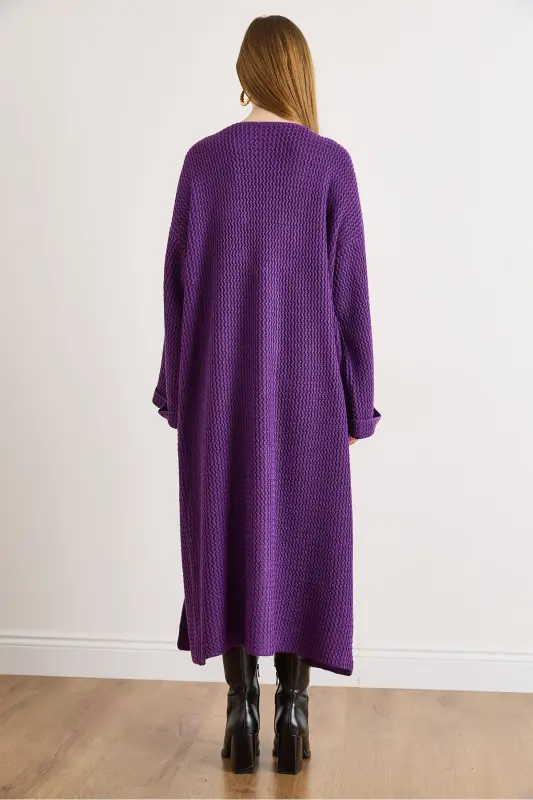 Kadın Mor Manşeti Katlamalı Maxi Triko Hırka HRK-19000297-Mor - 6