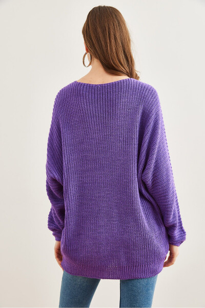 Kadın Mor V Yaka Selanik Örgü Oversize Triko Tunik TNK-19000081-Mor - 6