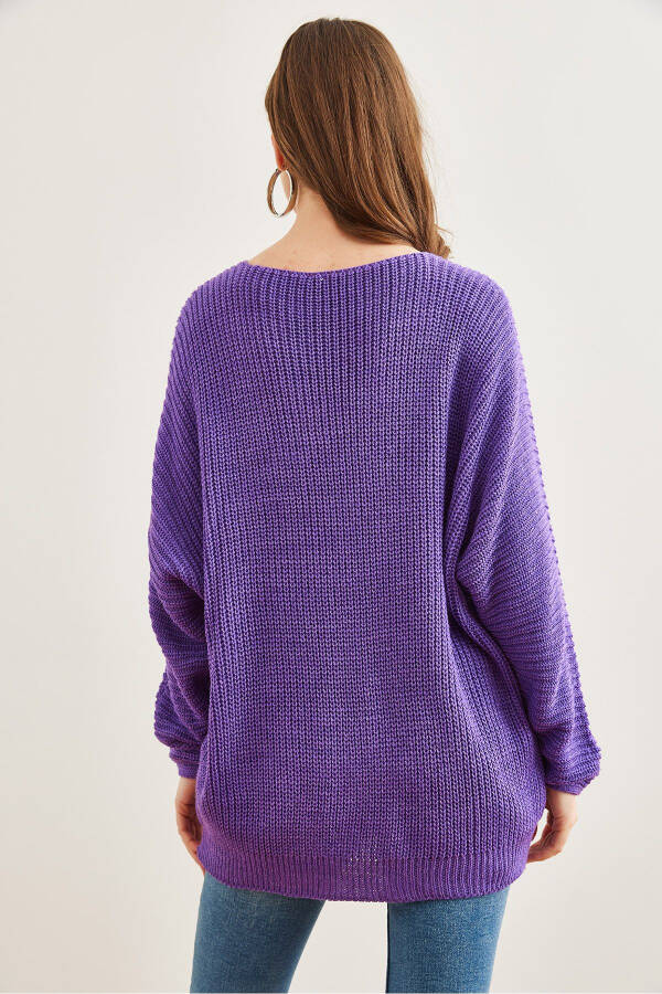 Kadın Mor V Yaka Selanik Örgü Oversize Triko Tunik TNK-19000081-Mor - 6