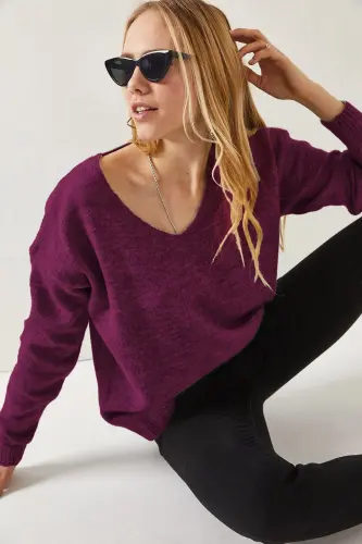 Kadın Mor V Yaka Yumuşak Dokulu Triko Kazak KZK-19000598-Mor 
