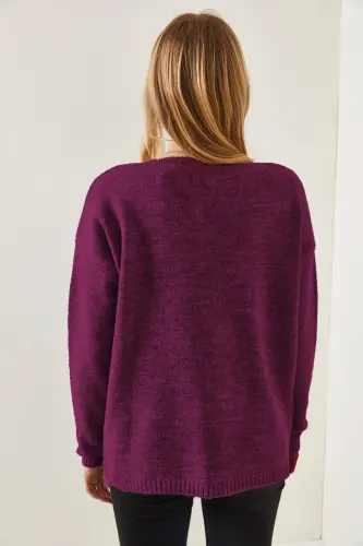 Kadın Mor V Yaka Yumuşak Dokulu Triko Kazak KZK-19000598-Mor - OLALOOK (1)