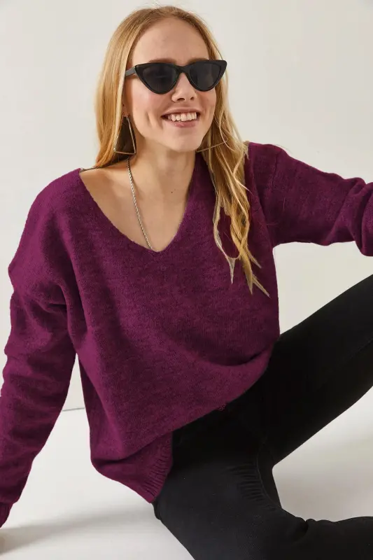 Kadın Mor V Yaka Yumuşak Dokulu Triko Kazak KZK-19000598-Mor - 3