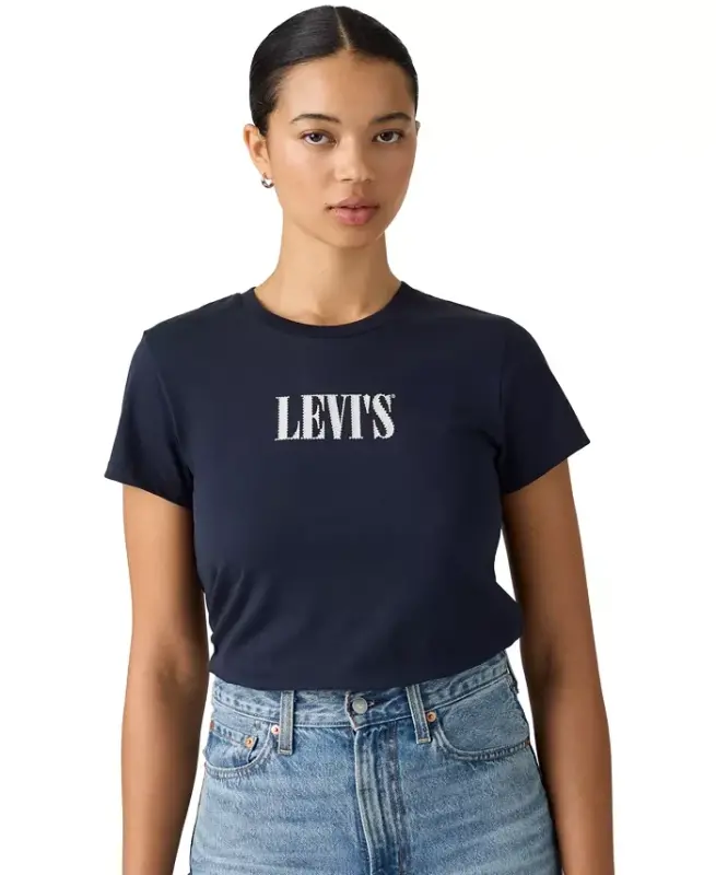 Women's Perfect Graphic Logo Cotton T-Shirt - Serif Stud Outline Navy Blazer - 1