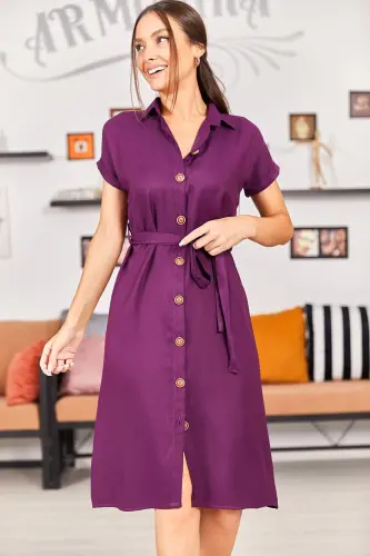 Kadın Mürdüm Beli Kemerli Kısa Kol Gömlek Elbise ARM-19Y001068-MÜRDÜM - ARMONIKA (1)