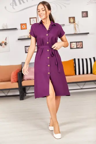 Kadın Mürdüm Beli Kemerli Kısa Kol Gömlek Elbise ARM-19Y001068-MÜRDÜM - 3