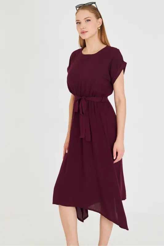 Kadın Mürdüm Beli Lastikli Bağlamalı Elbise ARM-19Y001060-MÜRDÜM - 1