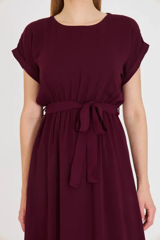 Kadın Mürdüm Beli Lastikli Bağlamalı Elbise ARM-19Y001060-MÜRDÜM - 3