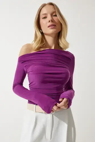 Kadın Mürdüm Dökümlü Yaka Büzgü Detaylı Bluz TO00073-Mürdüm - HAPPINESS İSTANBUL (1)