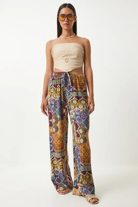 Kadın Mürdüm Hardal Desenli Dökümlü Viskon Palazzo Pantolon EN00606-Mürdüm Hardal - 2