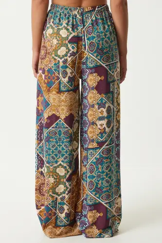 Kadın Mürdüm Hardal Desenli Dökümlü Viskon Palazzo Pantolon EN00606-Mürdüm Hardal - 6