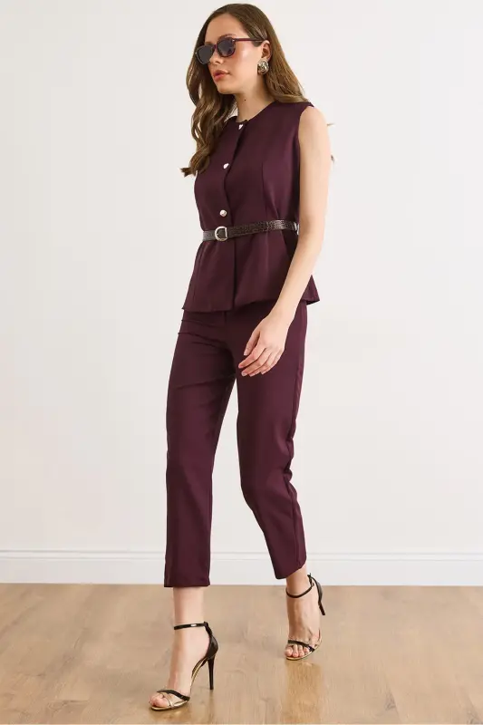Kadın Mürdüm Kemerli Yelek Pantolon Takım TKM-19000380 - Mürdüm - OLALOOK