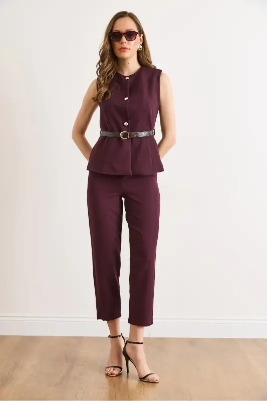 Kadın Mürdüm Kemerli Yelek Pantolon Takım TKM-19000380 - Mürdüm - 2