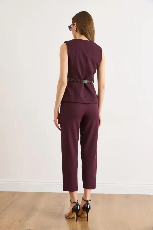 Kadın Mürdüm Kemerli Yelek Pantolon Takım TKM-19000380 - Mürdüm - 6