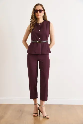 Kadın Mürdüm Kemerli Yelek Pantolon Takım TKM-19000380 - Mürdüm - OLALOOK (1)