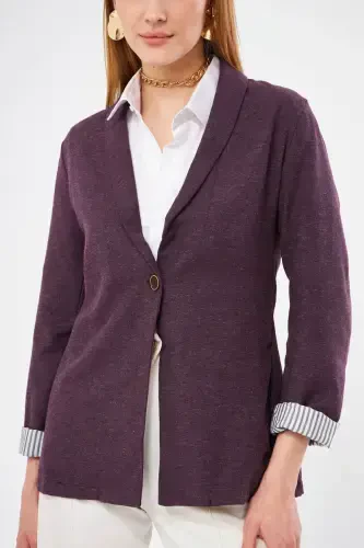 Kadın Mürdüm Kol İçi Çizgili Tek Düğmeli Ceket ARM-22K001122-Mürdüm - 2