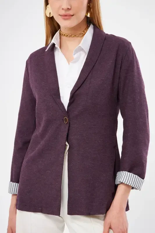 Kadın Mürdüm Kol İçi Çizgili Tek Düğmeli Ceket ARM-22K001122-Mürdüm - 2