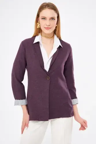 Kadın Mürdüm Kol İçi Çizgili Tek Düğmeli Ceket ARM-22K001122-Mürdüm - 3
