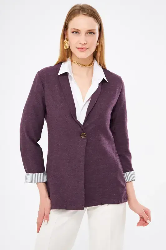 Kadın Mürdüm Kol İçi Çizgili Tek Düğmeli Ceket ARM-22K001122-Mürdüm - 3