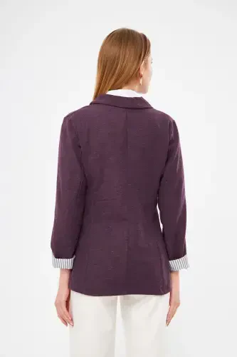Kadın Mürdüm Kol İçi Çizgili Tek Düğmeli Ceket ARM-22K001122-Mürdüm - 4