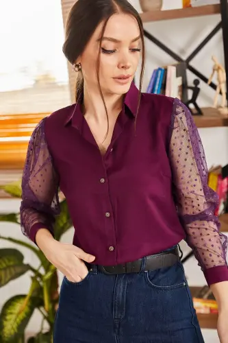 Kadın Mürdüm Kolları Tül Gömlek ARM-20K001068-Mürdüm 
