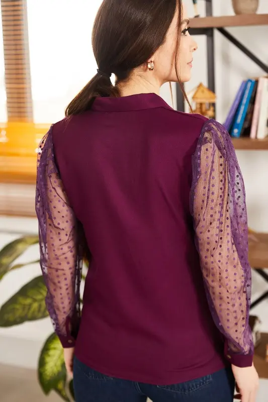 Kadın Mürdüm Kolları Tül Gömlek ARM-20K001068-Mürdüm - 4