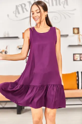 Kadın Mürdüm Kolsuz Eteği Fırfırlı Elbise ARM-18Y001156-MÜRDÜM 