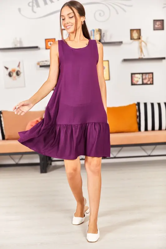 Kadın Mürdüm Kolsuz Eteği Fırfırlı Elbise ARM-18Y001156-MÜRDÜM - 2