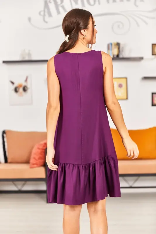 Kadın Mürdüm Kolsuz Eteği Fırfırlı Elbise ARM-18Y001156-MÜRDÜM - 4