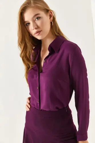 Kadın Mürdüm Uzun Kollu Düz Gömlek ARM-18Y001176-MÜRDÜM - 2