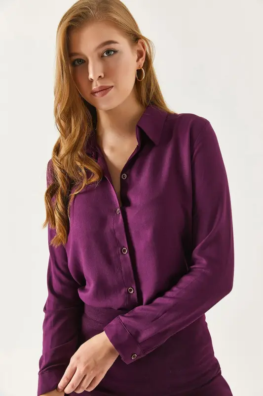 Kadın Mürdüm Uzun Kollu Düz Gömlek ARM-18Y001176-MÜRDÜM - 3