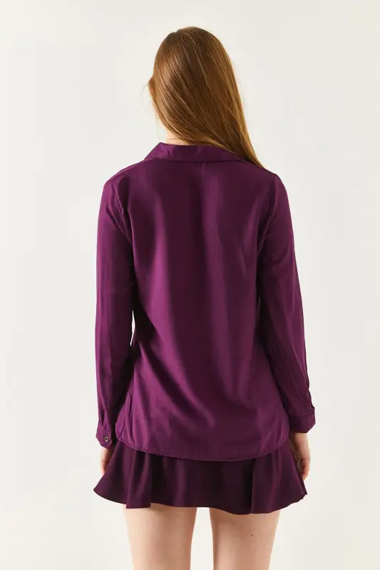 Kadın Mürdüm Uzun Kollu Düz Gömlek ARM-18Y001176-MÜRDÜM - 4