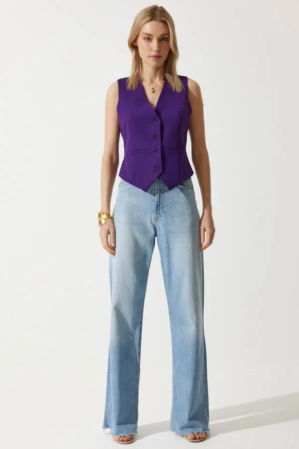 Kadın Mürdüm Vücuda Oturan Kısa Dokuma Yelek TO00048-Mürdüm - 3