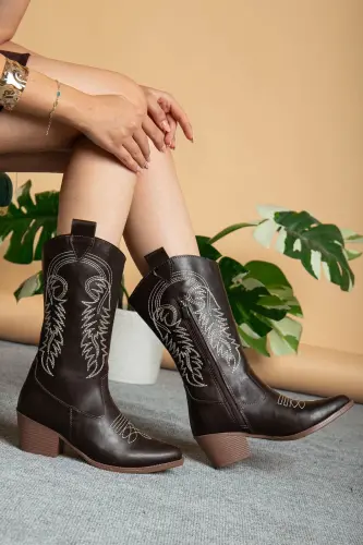 Kadın Nakışlı Yeni Sezon Kovboy Çizme Acı Kahverengi-Acı Kahverengi - 1