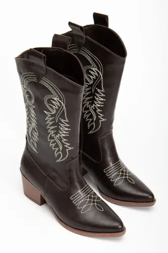 Kadın Nakışlı Yeni Sezon Kovboy Çizme Acı Kahverengi-Acı Kahverengi - 4