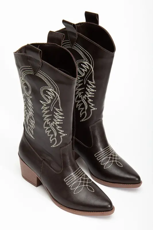 Kadın Nakışlı Yeni Sezon Kovboy Çizme Acı Kahverengi-Acı Kahverengi - 4