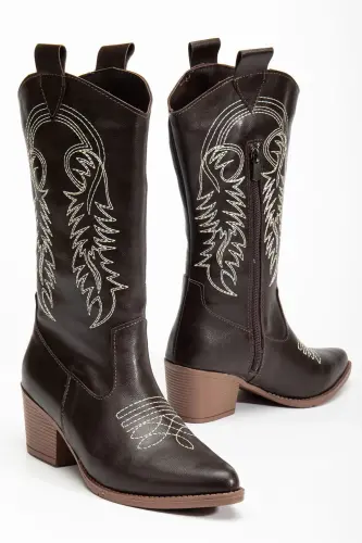 Kadın Nakışlı Yeni Sezon Kovboy Çizme Acı Kahverengi-Acı Kahverengi - 3