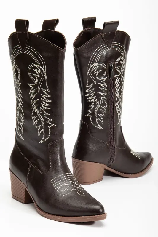 Kadın Nakışlı Yeni Sezon Kovboy Çizme Acı Kahverengi-Acı Kahverengi - 3